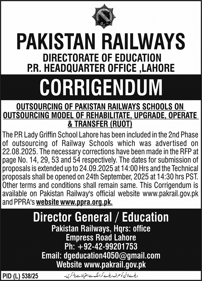 Pakistan Railways Lahore Tender Notice